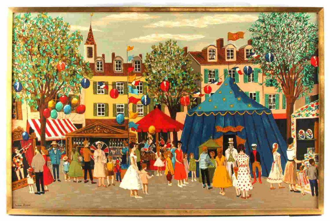 SOFIA STROUVE FRENCH CARNIVAL OIL PAINTING: Sophia Strouve (20th century ) French. Provenance Kent McKinley Estate. Measurements: 26 by 40 inches framed. In excellent condition.