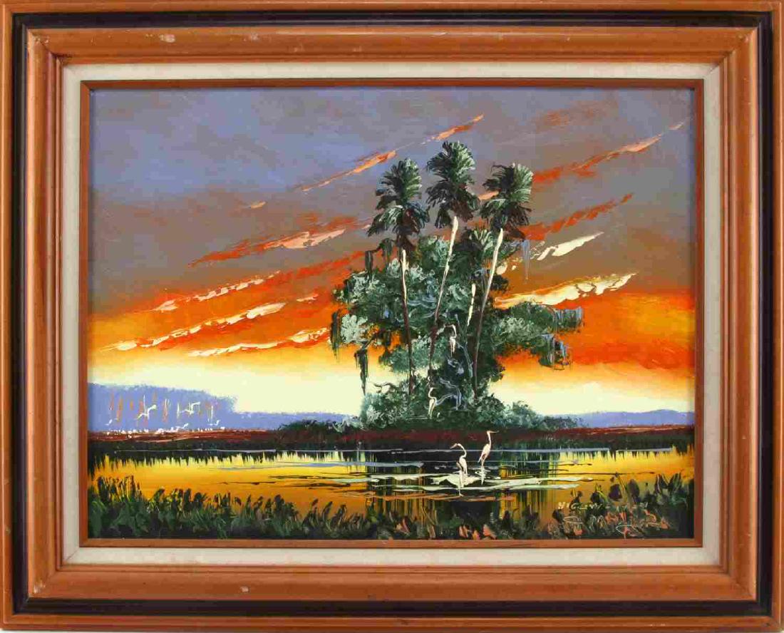 FLORIDA HIGHWAYMEN ORIGINAL PAINTING JOHN MAYNOR: John Maynor (1948-2016) Member of the original 26 Florida Highwaymen in Florida's Artists Hall of Fame. His paintings are distinguished by the texture in his trees, which he built up with a palette kn