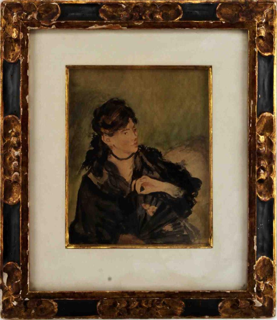 FRENCH IMPRESSIONISM AFTER EDOUARD MANET: After Edouard Manet (1832-1883) watercolor titled Portrait of Berthe Morisot’ 1873-74, with a raised seal. Unable to see a signature, possibly a vintage print. The oval seal features a man being car
