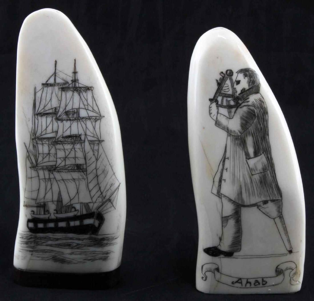 MOBY DICK INSPIRED WALRUS TUSK SCRIMSHAW: Pair of Herman Melville's "Moby Dick" inspired scrimshaws on walrus tusk. One features one legged Captain Ahab and his sextant, 4 3/4 inches in height and appears to be missing wood base plate. Second