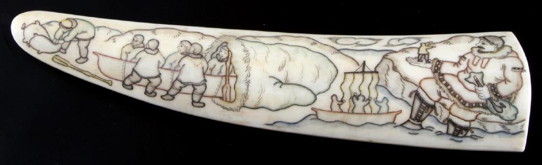 RUSSIAN CARVED AND SIGNED WALRUS TUSK SCRIMSHAW: Measures 8 inches in length and 2 inches at widest point. Pictorial displays Russian seal and whale hunter parties. Appears to be signed and titled on bottom, in good condition with some loss of shine