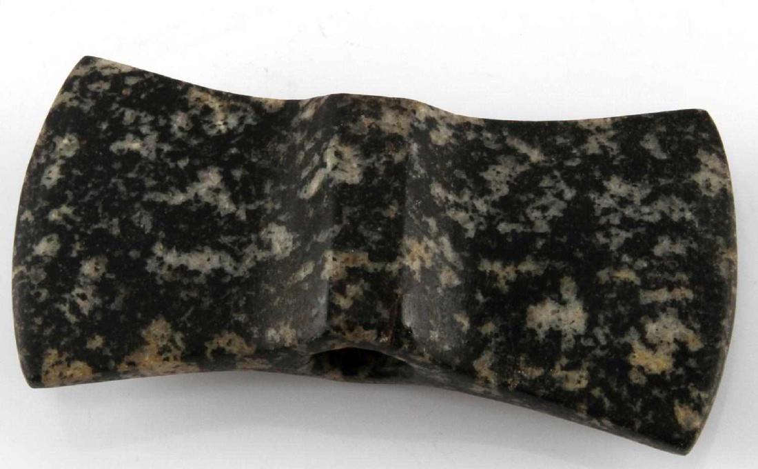 NATIVE AMERICAN INDIAN WINGED BANNERSTONE: Measurements are 9.5 x 4.5 by 3.6 cm, openings 1.1cm, 1.3cm.