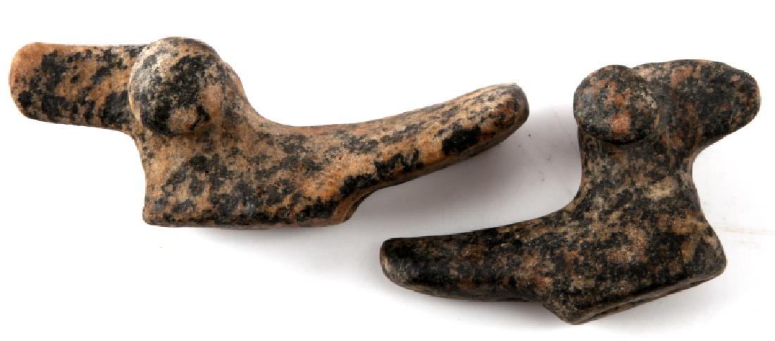NATIVE AMERICAN POPEYE BIRD STONE FETISH LOT 2: Two stone fetishes: one measures 3 inches long by 1.5 inches tall, and the other measures 3.5 inches long and 1.25 inches tall. Perforations to bottom. Very good condition.