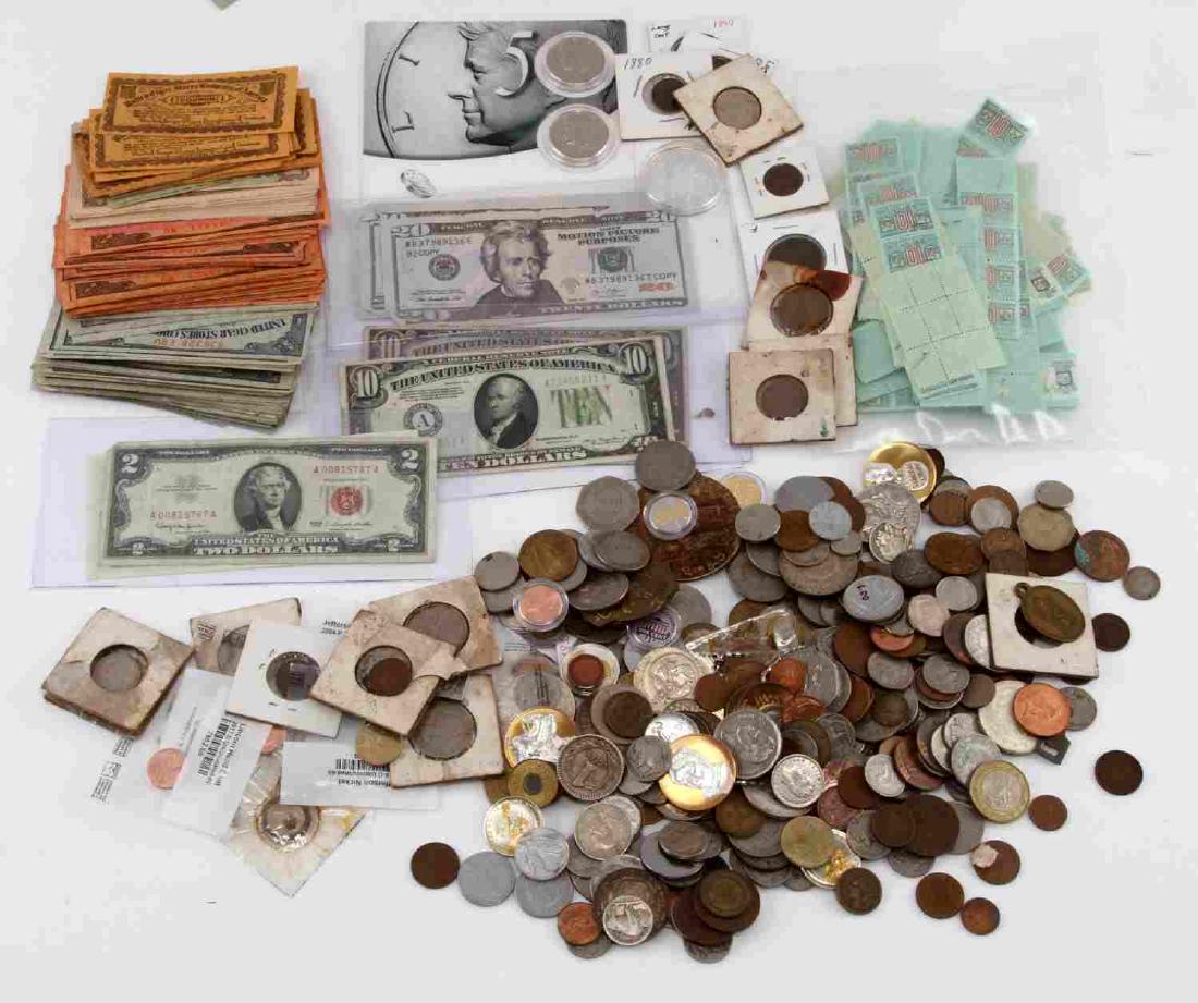 LARGE LOT OF WORLD COINS CURRENCY NUMISMATICA: Unsearched lot of World and U.S. coins, currency, prop movie currency, tokens and all manner of ephemera.