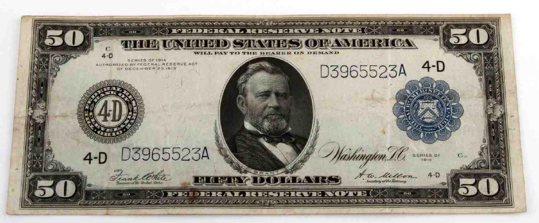 LARGE SIZE BANKNOTE $50 FRN FEDERAL RESERVE NOTE: Free of tears and pinholes, retains crispness, minor rust stain lower left , White / Mellon, S/N D3965523A, creased, XF, FR # 1039.