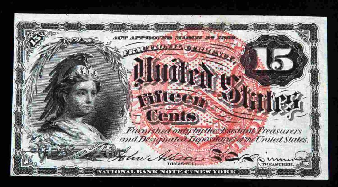 FOURTH ISSUE 15¢ FRACTIONAL CURRENCY COLUMBIA UNC: A 15¢ fractional currency note of the 4th issue showing Columbia. FR-1268. In uncirculated condition with one pinhole in upper left hand corner. No other detractions. Paper is crisp and colors are br