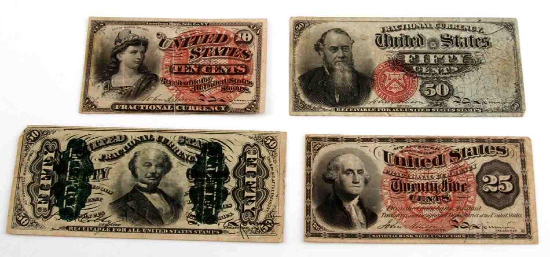 UNITED STATES FRACTIONAL CURRENCY BANK NOTE LOT: Lot of 4 of very fine fractional currency notes, 3 dated 1863 and the fourth an 1866 bust of Stanton 50 cent note.