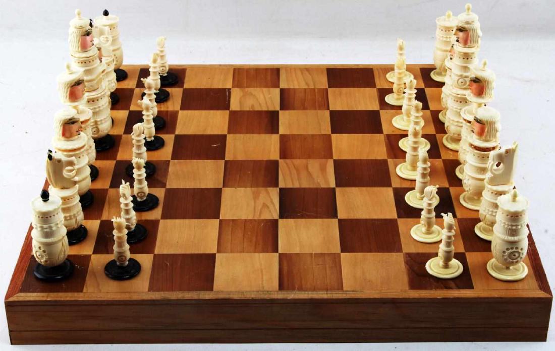 HAND CARVED BONE CHESS PIECES FULL SET W BOARD