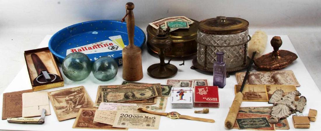 VARIOUS 19TH & 20TH CENTURY GENERAL ANTIQUES LOT: Assorted antique and vintage item lot. All finishes show use wear and or indentations. International currency notes from China, France, US , Spain and Mexico, please review photos for condition. Vinta