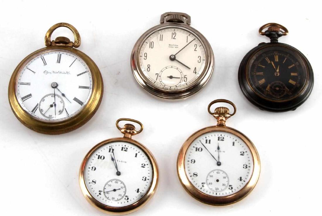ANTIQUE AND VINTAGE POCKET WATCH LOT: Lot of 5 : 1) Elgin National movement 20592052, 15 jewel, with a gold fill Dueber case 7840107, 35mm face. 2) Elgin movement 20824822, 15 jewel, with gold fill case Fahys Montauk 10911884, 35mm face. 