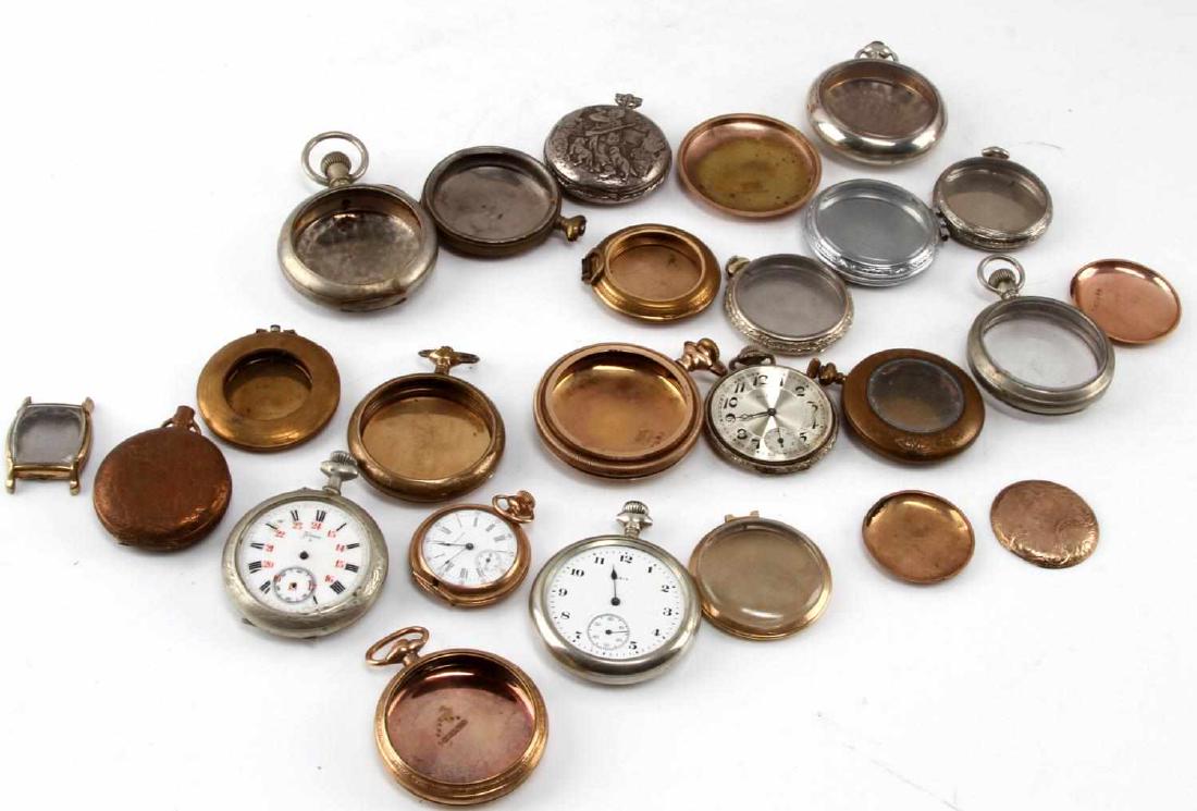 ANTIQUE AND VINTAGE POCKET WATCH PARTS LOT: Assorted cases (some gold fill),faces, crystals and movements that do not start, in various states of condition. Please reference pictures for condition