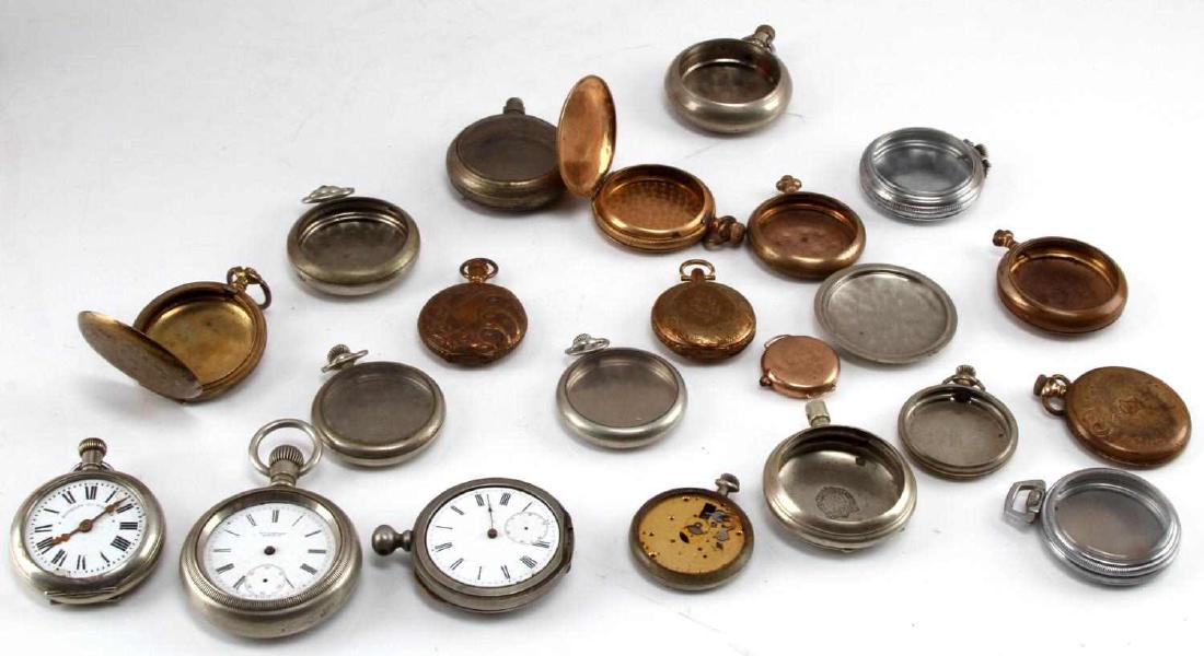 ANTIQUE AND VINTAGE POCKET WATCH PARTS LOT: Assorted cases (some gold fill),faces, crystals and movements that do not start, in various states of condition. Please reference pictures for condition