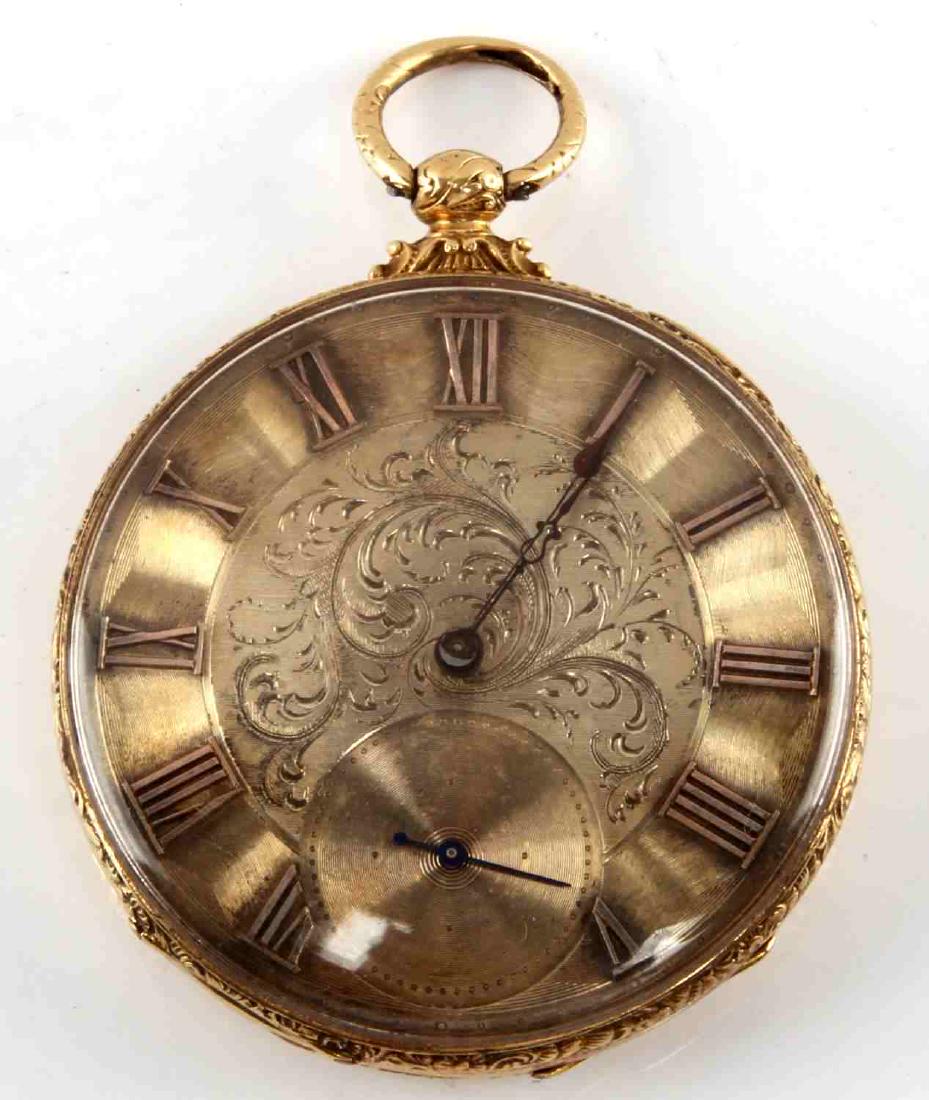 14 KT GOLD TOBIAS OPEN FANCY FACE POCKET WATCH: Mid 1800's M.J.Tobias of Liverpool Gold fancy face with case No. 20780, engraved face (42mm), sides and back in good condition with some contact marks. and pin point indentation. Movement will start a