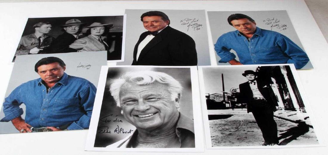 LOT OF 10 MIXED MUSIC & HOLLYWOOD AUTOGRAPHS: Lot of 10 signed musical & Hollywood autographed photos named to the following: Mickey Gilley (3 total signatures and one ticket), Eddie Albert (4 signatures), Sam Edwards, Gene Barry with COA (2 sign
