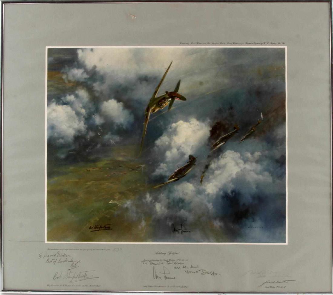 BATTLE OF BRITAIN ACHTUNG SPITFIRE SIGNED PRINT: Limited run print of the oil painting 'Achtung Spitfire!" by Frank Wootton. Number 523 of 850. Has a personalized signature from the artist, Wing Commander Stanford-Tuck, and Luftwaffe pilot Adolf Gal