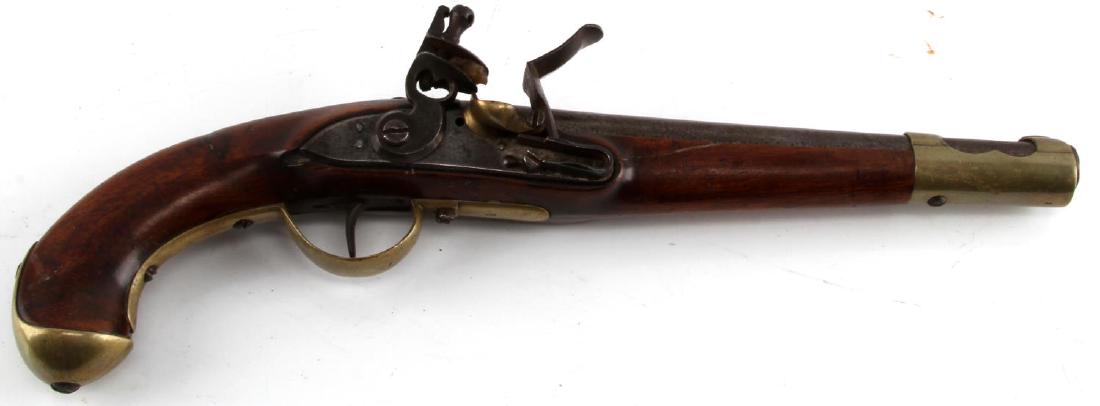 MODEL 1807 ITALIAN FLINTLOCK HOLSTER PISTOL: Measurements: total length 17 inches, barrel 10.25 inches. Hardwood stock in good condition with repaired split extending from lock plate, working mechanism, brass has matching maker's marks. This lot