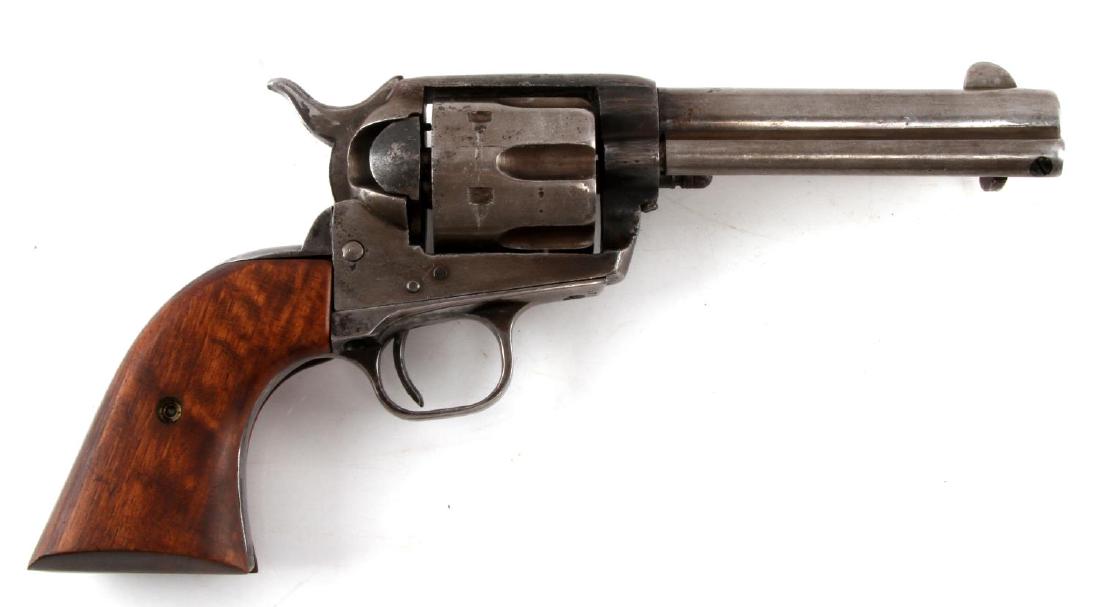 COLT SAA BLACK POWDER .38 40 6 SHOT REVOLVER: Patent dates to left side frame with some numbers worn off. Caliber very faintly marked on left side barrel ".38 WCF." Two-line maker mark to top of 4.75 inch barrel, blued steel with much loss but sm