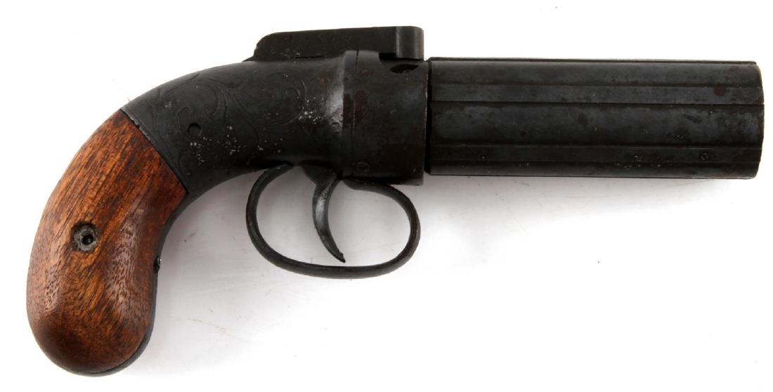 ALLEN & THURBER .30 CALIBER PEPPERBOX PISTOL: Engraved design, cast steel with patent 1837 marked to rib, 6 shot, Allen's patent marked to hammer, Allen & Thurber Worchester marked to rib, and walnut grips. Barrels measure 3.5 inches with good cl