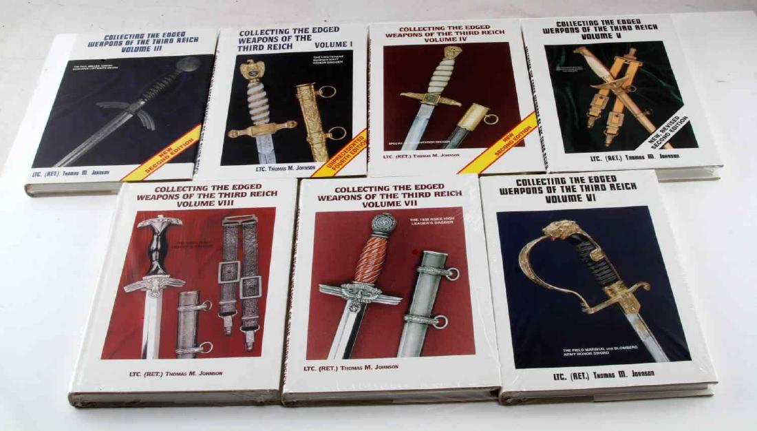 WWII THIRD REICH EDGES WEAPONS COLLECTING BOOK SET: Full set of 'Collecting the Edges Weapons of the Third Reich' by LTC. Thomas M. Johnson, less the out-of-print Volume II. New condition, in shrink wrap. This lot has a reserve.