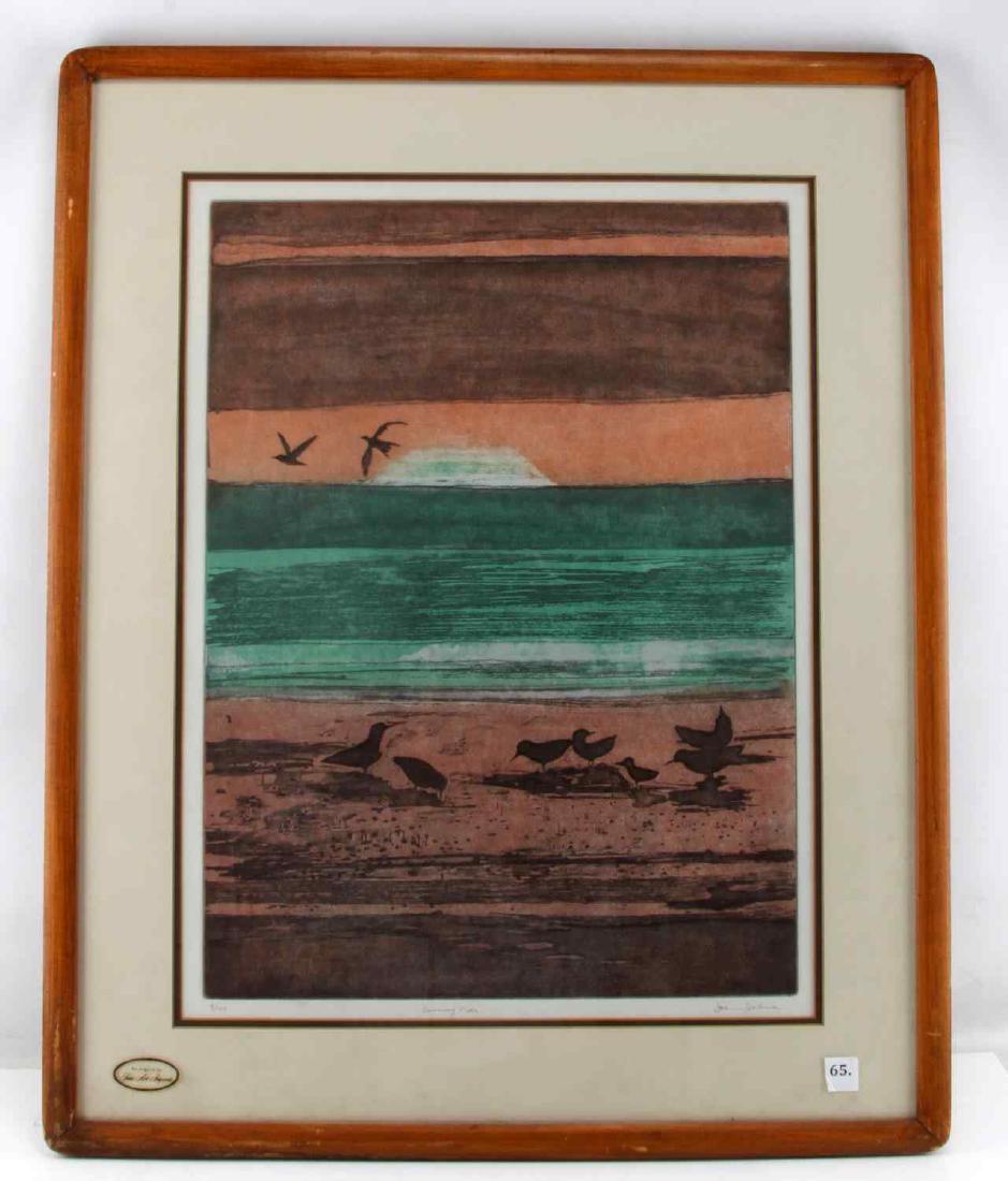 JOAN JOHNS SEACAPE W BIRDS LITHOGTRAPH: Title: Evening Tide by Joan Johns signed and dated 9/150 measurements: image 24 by 19 inches, framed 33 by 27 inches. Image in excellent condition, wood frame has some scratches, discoloration an inde