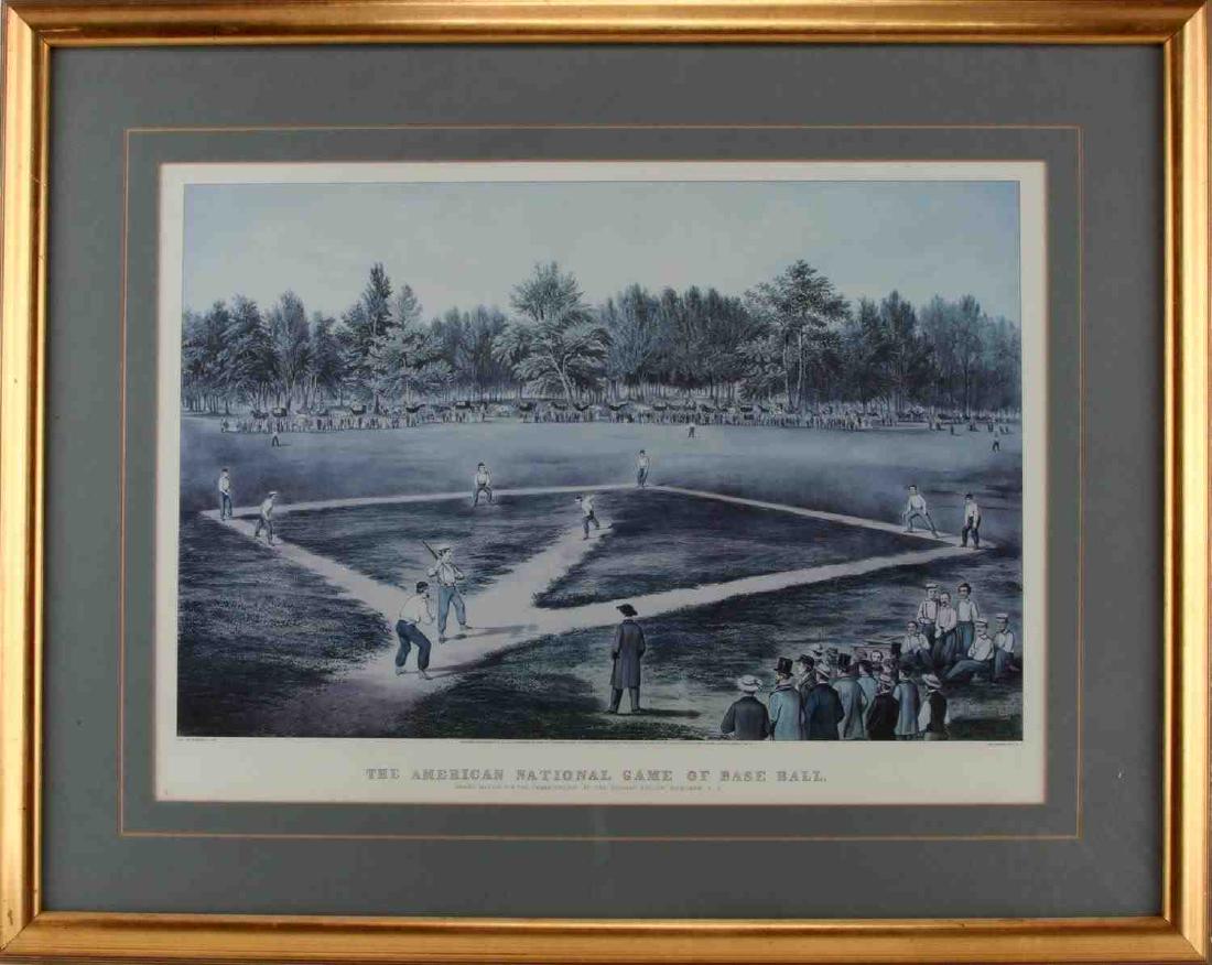 PRINT OF 1866 CURRIER & IVES BASEBALL GAME: Print Title: The American National Game of Base Ball, grand match for the championship at the Elysian Fields, Hoboken new Jersey. Original art was created by Currier and Ives in 1866. Measurements 28 