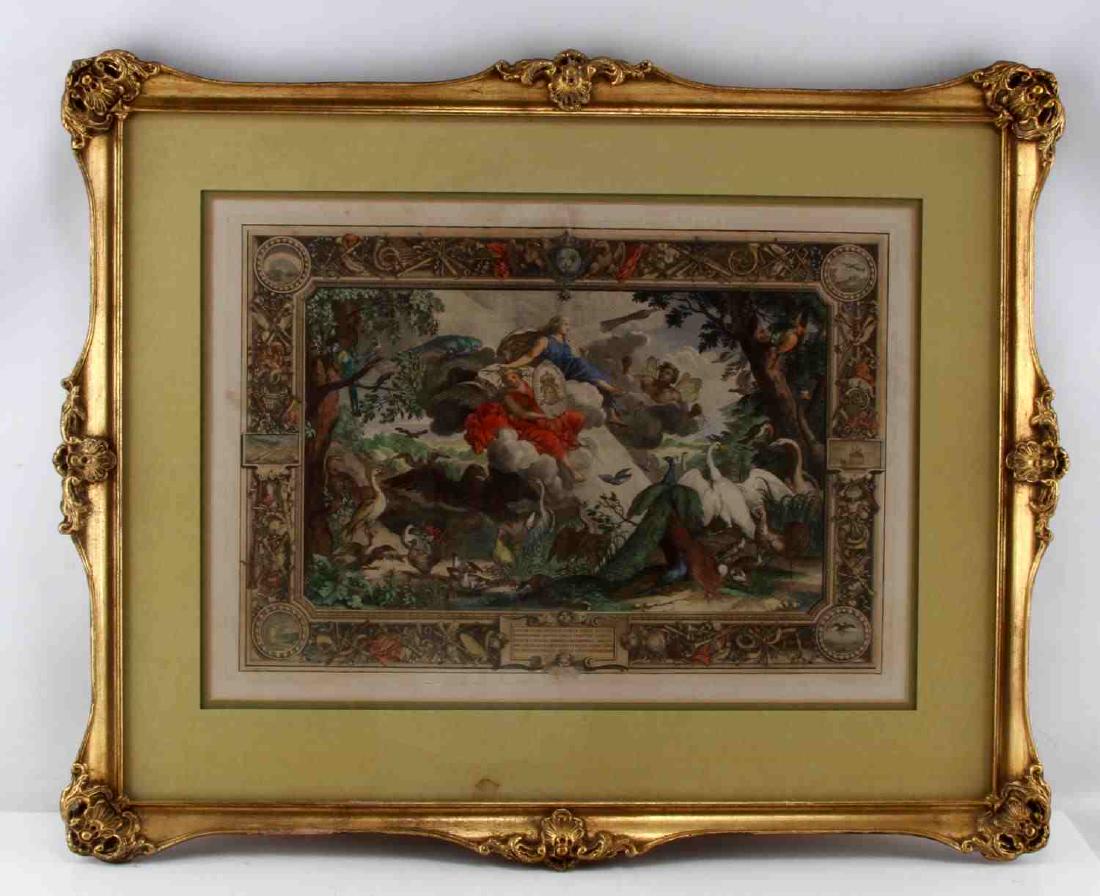 AFTER CHARLES LE BRUN FRENCH COLORED ENGRAVING: Hand-colored engraving attributed to Charles Le Brun (French, 1619-1690). Dimensions: Image 15x22 inches, framed 25x31 inches. Condition minor foxing, notable center fold with separation along top 1.5