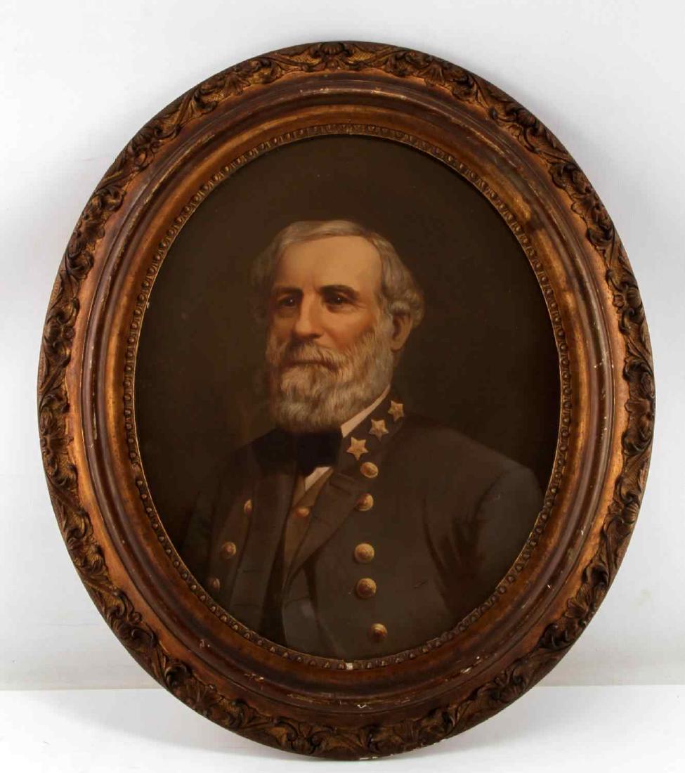 ROBERT E LEE ANTIQUE PORTRAIT STONE LITHOGRAPH: Stone Litho in excellent condition. Total measurements 23 by 19 inches, Antique gilt wood frame has several chips along the interior plastered dentures and some scuffing on the high points.