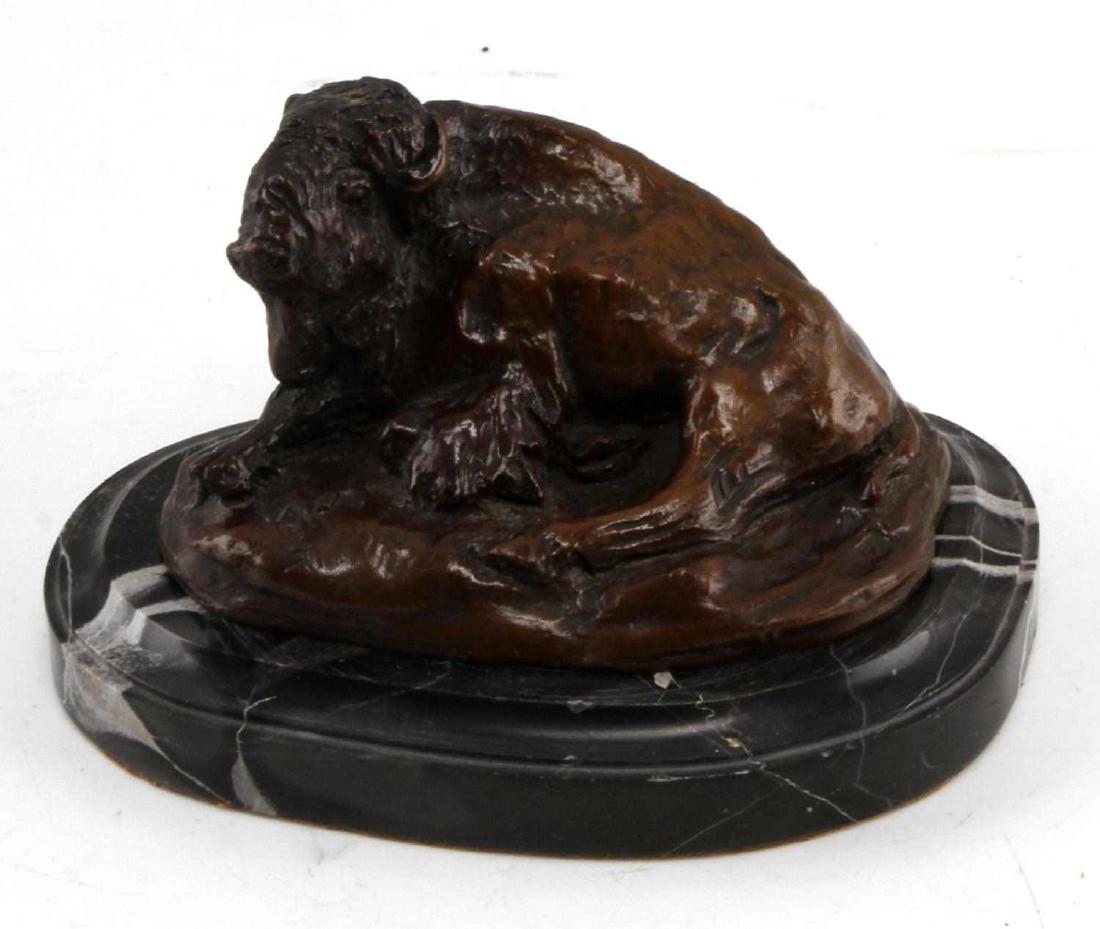 CHARLES M RUSSELL BUFFALO BRONZE SCULPTURE: Signed CMR below front hoof , mounted on marble and measuring 3 1/2 by 6 inches (includes marble dimensions). In good condition with some surface scratches to the marble, bronze mounting to marble is 
