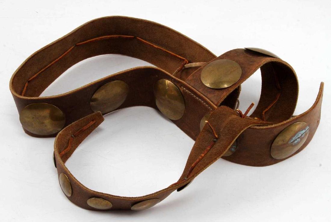 PLAINS INDIAN NATIVE AMERICAN STUDDED LEATHER BELT: Plains Indian Native American Studded Leather belt & sash with belt length measuring 41 inches and sash length measuring 33 inches, leather fastening ties & all copper/brass studs are intact.
