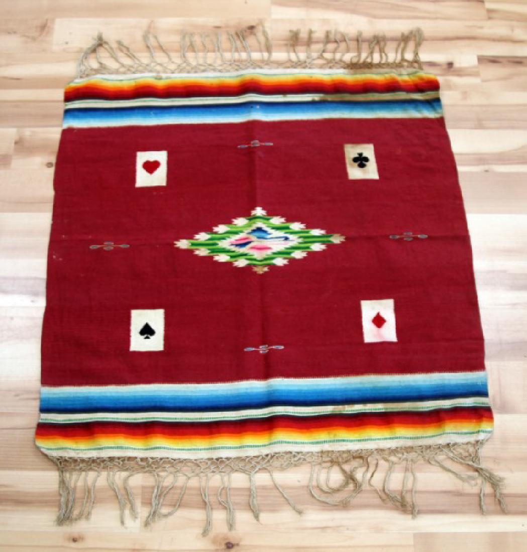 VINTAGE SOUTHWESTERN NATIVE POKER TABLE COVER MAT: Hand woven and dyed vintage card playing table cover. Measurements 30 by 58 inches. Some areas of thread loss on perimeter none greater than 1/2 inch, minor color bleed and staining, please review pho