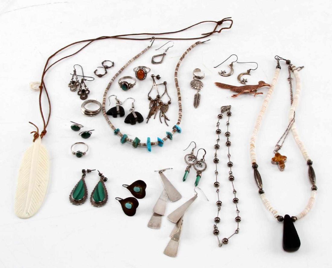 SOUTHWESTERN NATIVE STERLING SILVER JEWELRY LOT: Total silver weight 78 grams, some vintage and signed, rings sizes 7-7.5, wear or resale, pre-owned.