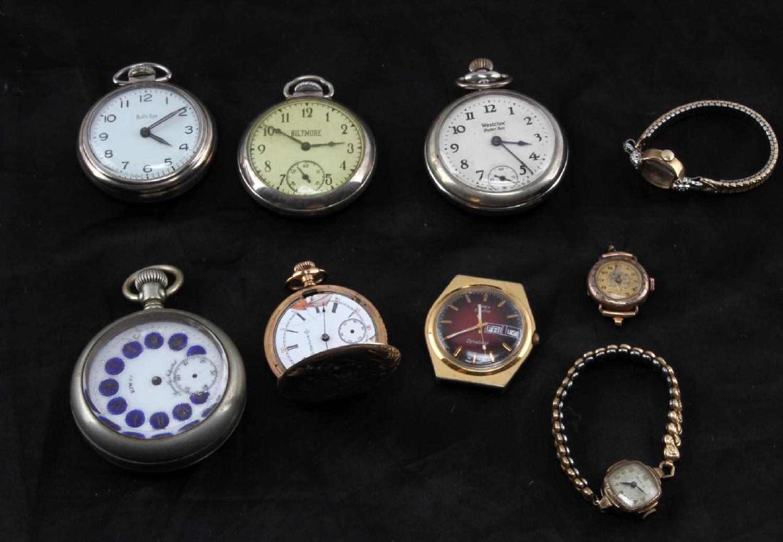 ANTIQUE & VINTAGE POCKET WATCH REPAIR OR PART LOT: Part out or repair, all are complete but their movements do not hold. Brands include Bull's Eye, Westclox, RIW Co. Biltmore, Benrus, Bulova, Timex and TWC. Some cases are gold fill. Please reference p