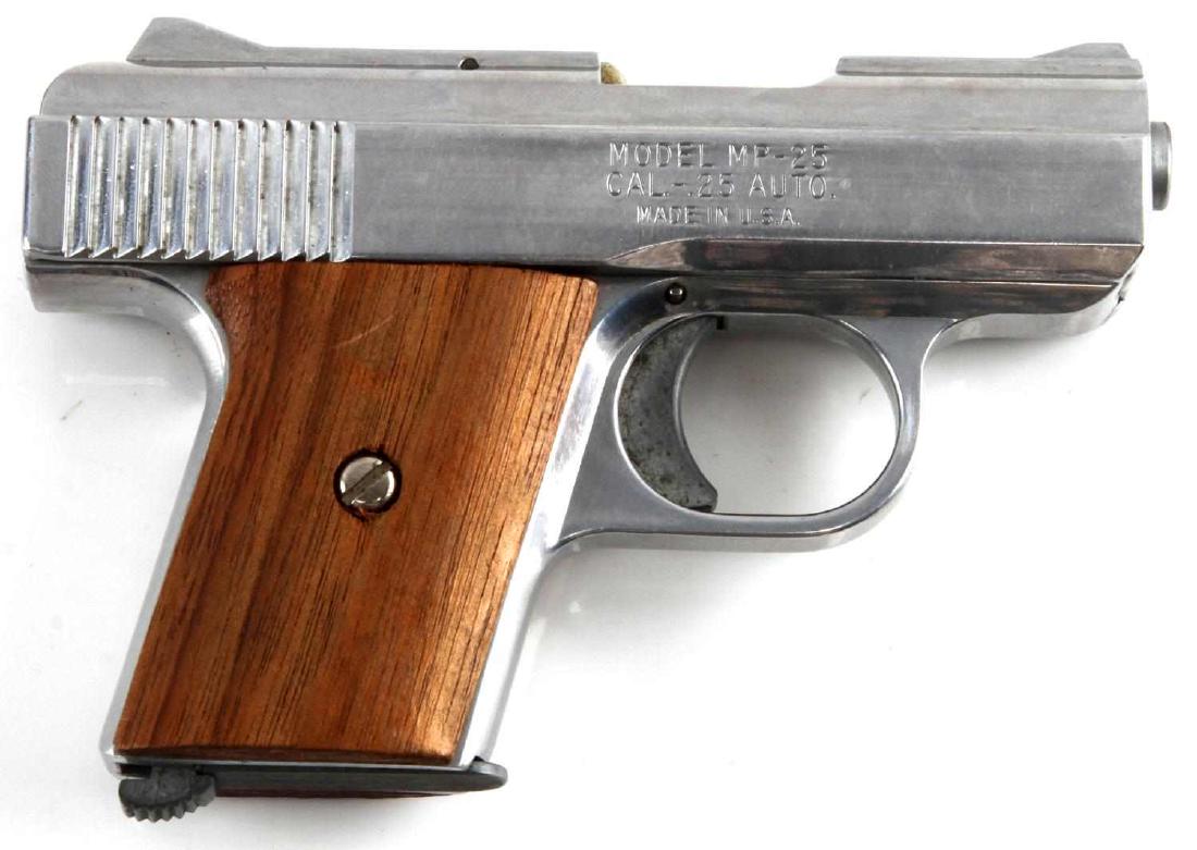 RAVEN ARMS MODEL MP25 .25CAL PISTOL: In good condition with some minor tarnishing. Grips have some minor scraps. Comes with 1 magazine. Must ship to FFL dealer. Check state and local laws. Can not ship out of the country. Serial #: 79315