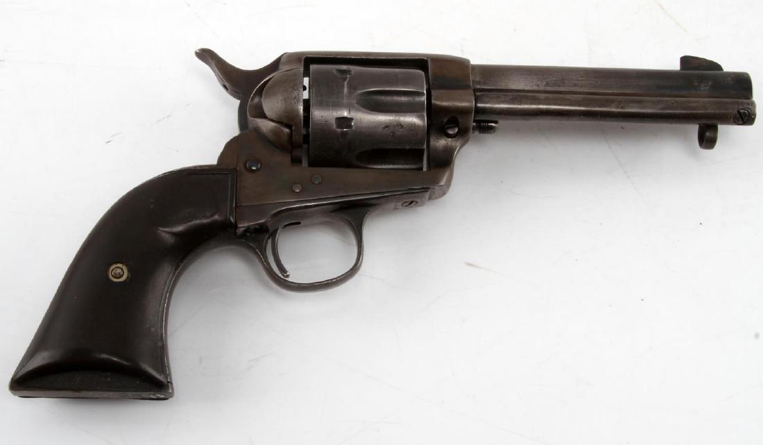 COLT SAA 1 GENERATION 38 WCF ANTIQUE REVOLVER: Colt Single Action Army 1st generation. Chambered in 38 WCF. Checkered hard black rubber grips. Serial 287494. Bore is bright, crisp, and clean inside the 4 5/8" barrel. Actions are fully functional o