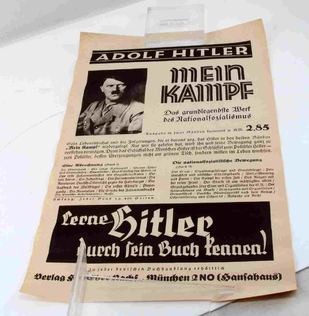 NSDAP HITLER'S MEIN KAMPF ADVERTISING BROADSIDE: Advertisement broadside poster for Adolf Hitler's Mein Kampf advertised at the price of 2.85 reichmarks. Poster is in very good condition with some yellowing to the edges. Unauthenticated, sold as is.