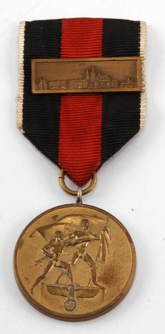 WWII GERMAN THIRD REICH CZECH MEDAL PRAGUE: Czech Anschluss Medal with Prague bar on the ribbon. In very good condition with minor tarnish.
