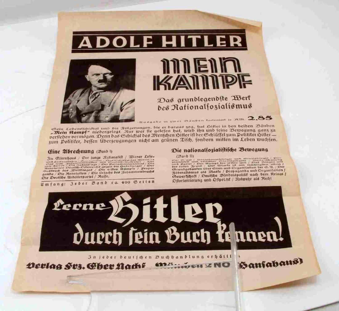 NSDAP HITLER'S MEIN KAMPF ADVERTISING BROADSIDE: Advertisement broadside poster for Adolf Hitler's Mein Kampf advertised at the price of 2.85 reichmarks. Poster is in very good condition with some yellowing to the edges. Unauthenticated, sold as is.