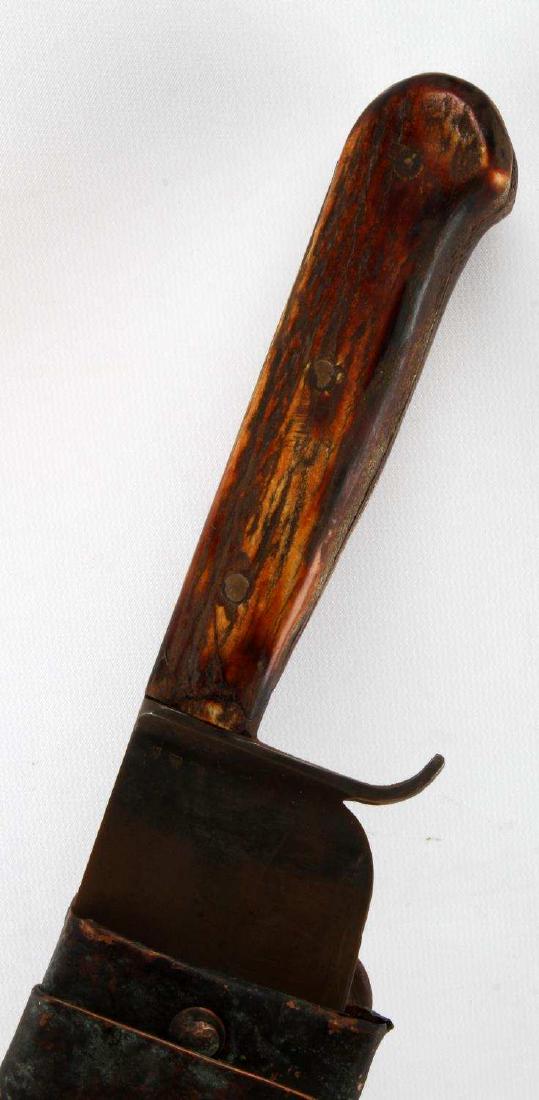 ANTIQUE NEW ORLEANS FIGHTING KNIFE COPPER SHEATH: Large fighting knife, 13 1/2 inch blade. Made from French chef's bread knife. From New Orleans, LA. Sheath made from sheathing copper from bottom of a ship. In very good condition with bone handle. Th