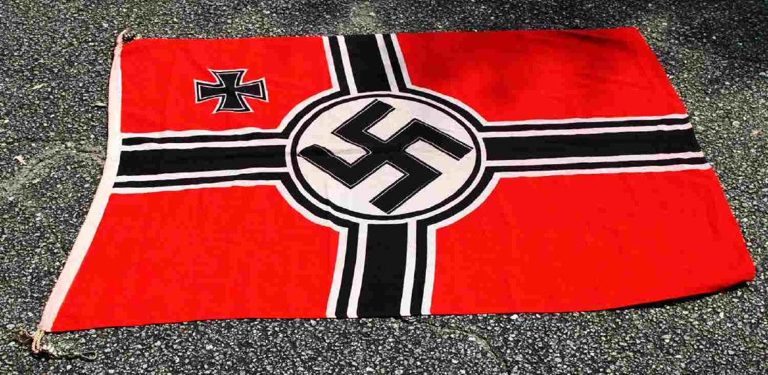 WWII GERMAN THIRD REICH KRIEGSMARINE FLAG: Rare Kriegsmarine marked with metal hoist hooks, very good original condition, measures 100 by 170 centimeters.