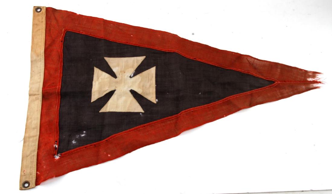 WWII THIRD REICH GERMAN IRON CROSS PENNANT: Cloth Iron Cross over cheesecloth blue and red pennant. Measures 32 X 20 inches. Two grommets on hem. Some wear and loss. Fair condition. F131