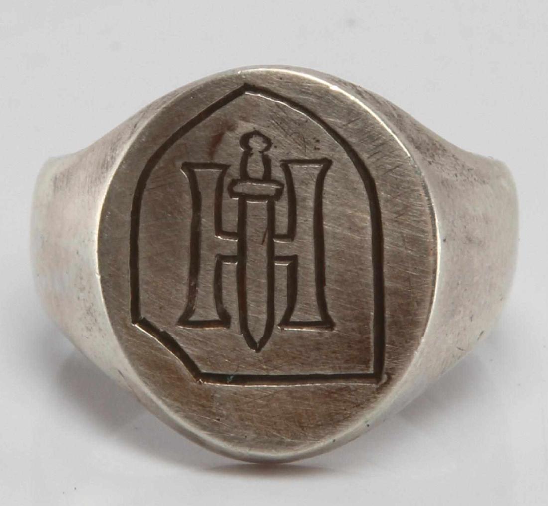 WWII GERMAN 3RD REICH SS HOHENSTAUFEN SILVER RING: Size eleven. Marked and tested as silver. 9th ss panzer Division insignia ring. This lot has a reserve.