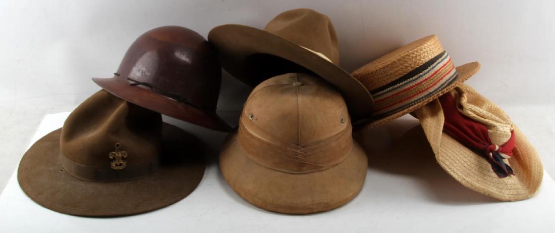 ANTIQUE & VINTAGE HAT LOT BOATER PITH: Includes blinged up rocker hat size 7 1/4, Dorian Safari size 7, 0, early hard hat adjustable, BSA official hat with insignia size 7, Smith limited Bermuda Pith helmet size 7 1/8, and a 7 1/4 Hudsonia