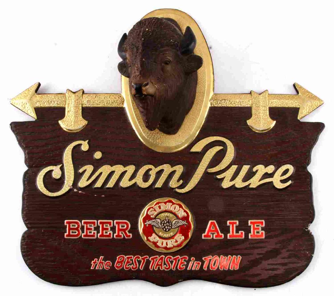 SIMON PURE BEER ALE W BUFFALO ADVERTISING SIGN: Vintage 1950's composite advertising sign from Buffalo NY brewery. Measurements: 14 inch width, 12 inch length and 4 inch depth. There is a scrape across the "S" (2.5 inches). G3