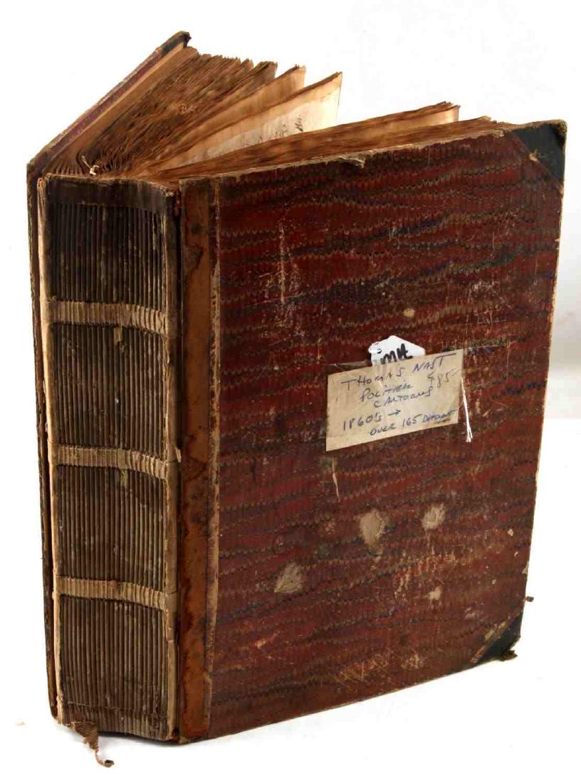 19TH CENTURY THOMAS NAST POLITICAL CARTOON LOT: Large binder contains over 165 different 19th century political cartoons from the 1860s and later. Book cover and all pages have foxing, water damage and general heavy wear, but cartoons are still qui