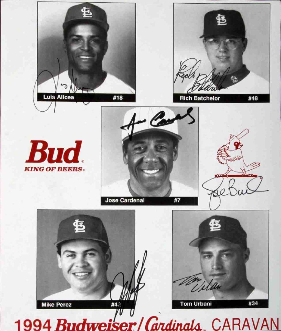1994 BUDWEISER CARDINALS AUTOGRAPHED FLYER: 1994 Budweiser autographed flyer. Includes Cardinals players Luis Alicea, Rich Batchelor, Jose Cardenal, Mike Perez, and Tom Urbani. VG condition. Measures 8 1/2" x 10".