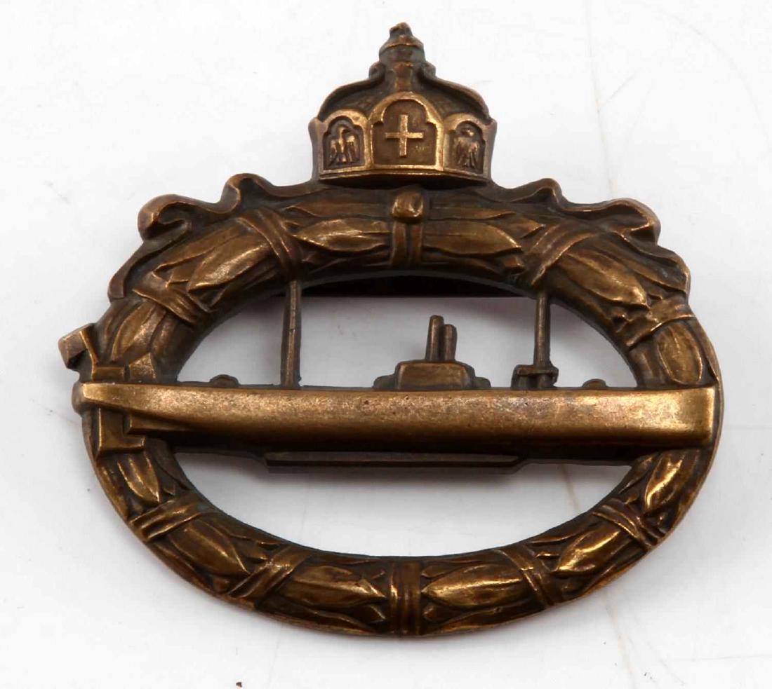 WWI IMPERIAL GERMAN U BOAT BADGE CANNON BRONZE: Large WWI U-Boat badge with a cannon bronze finish. Marked 'Walter Schott FEC.' Heavy enlisted ranks type. In very good condition. This lot has a reserve.