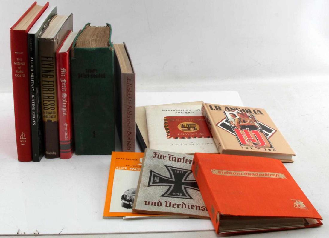 12 WWII GERMAN WEAPON & MILITARIA GUIDE BOOK LOT: Lot of ELEVEN (12) books on (mostly German) edged weapons, medals, uniforms, and more. Most are written in the German language. Condition ranges from poor to very good with some covers and/or pages to