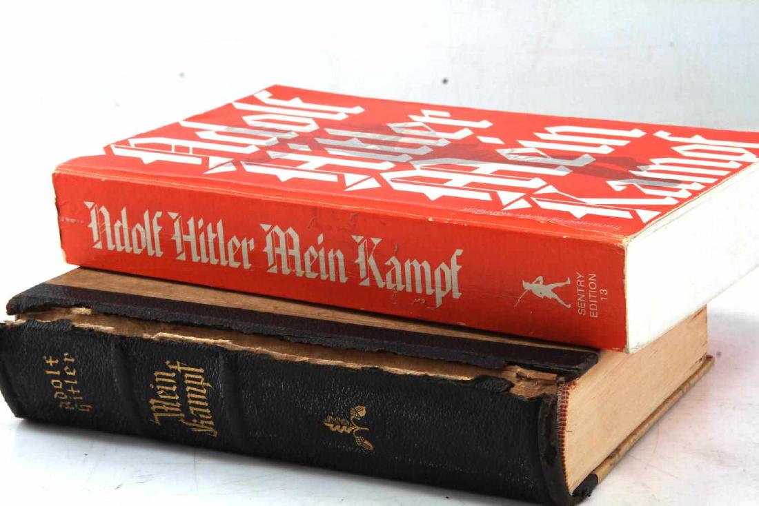 2 COPIES OF MEIN KAMPF BY ADOLF HITLER GERMAN ENG: The first copy is a German hardcover 1937 edition with a split spine and some water damage to first few pages, other pages are good. The second copy is an English version with copyright of 1971, trans