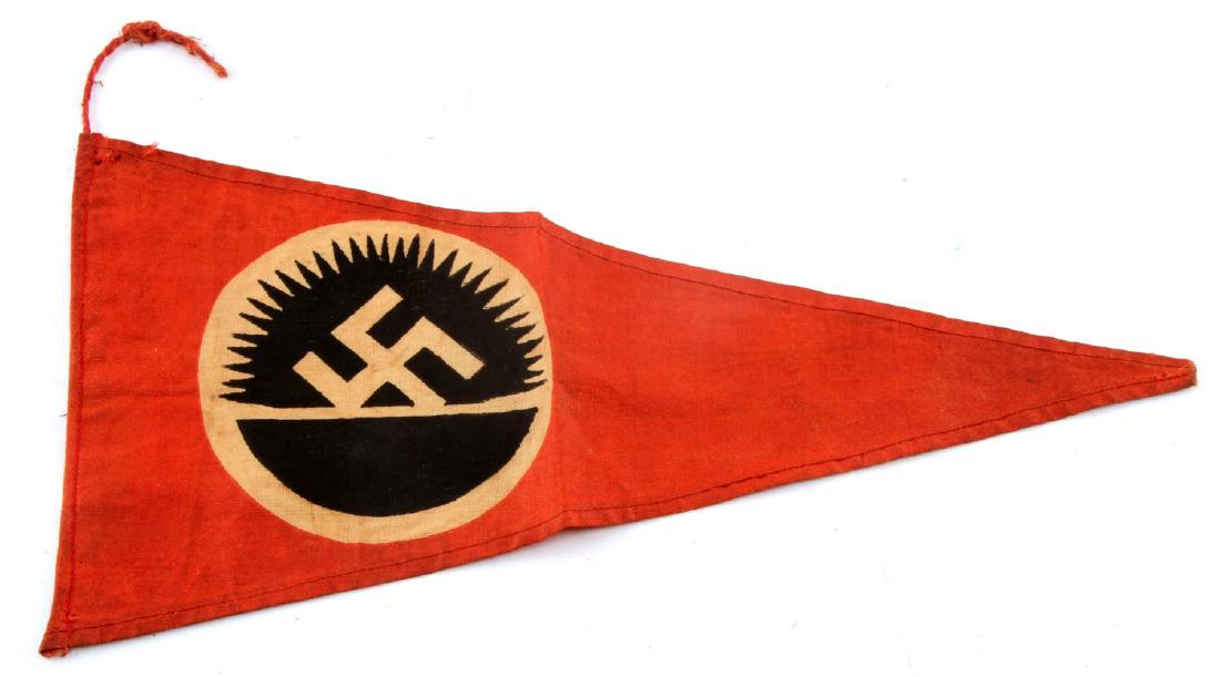 EARLY HITLER YOUTH RISING SUN STYLE PENNANT: One sided early Hitler Youth "rising sun" style pennant. Measures 11 x 5 1/2". VG condition, staining present. F125.