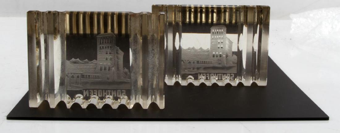 THIRD REICH PAPER WEIGHT & SONTHOFEN GLS BOOKENDS: Glass paperweight has red felt bottom and Nazi eagle image inside with Jugenfest 1937 below and Deutsche to top, weighs 297.6 grams. The bookends are cut glass with Sonthofen and image etched to insid
